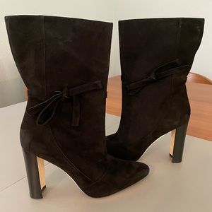 Manolo Blahnik Black Suede Mid-Calf Heel Boots with Side Bow (Narrow Fit)
